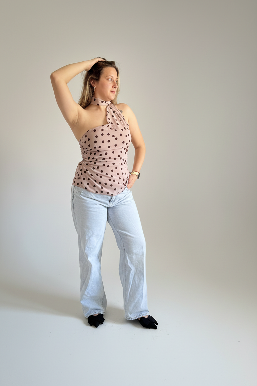 Top lunares beige estudio profesional pose lateral
