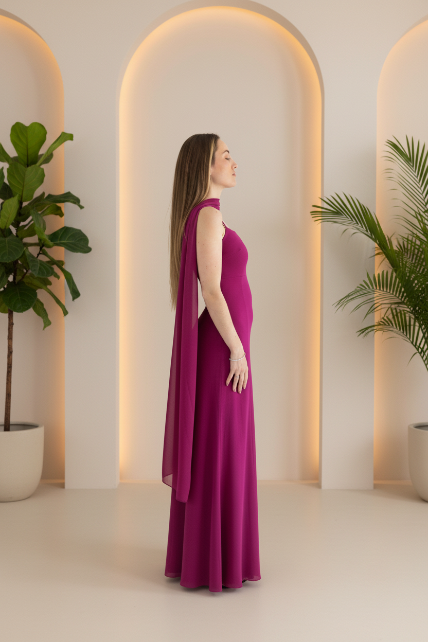 Vestido fucsia con plantas en interior minimalista