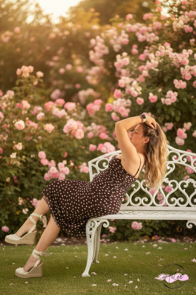 Vestido lunares - banco jardín rosas